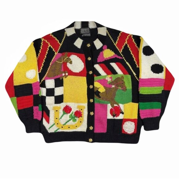 Rare Vintage 1992 Berek by Marta D Equestrian Horse Hand Knit Cotton Sweater L